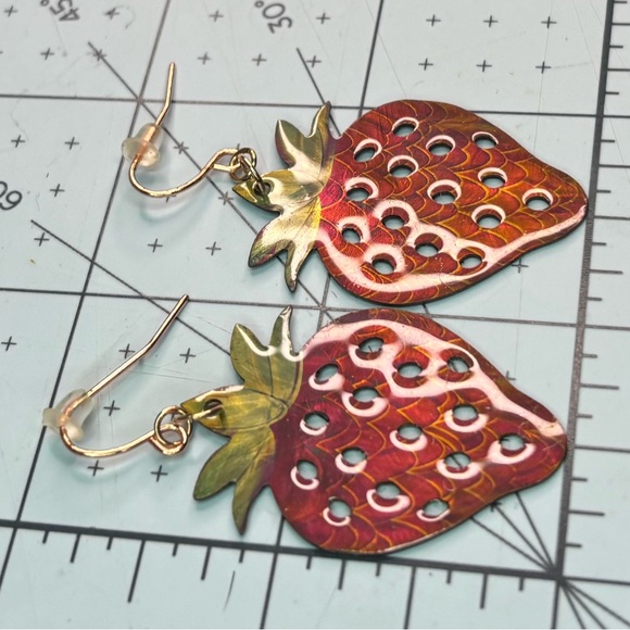 Handmade Strawberry Shaped Dangle Earrings Hand Painted Laser Cut Resin, [2”] - Picture 6 of 8